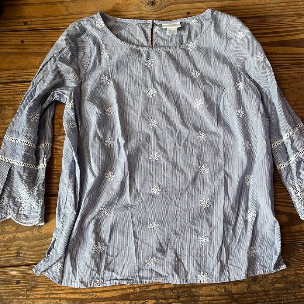 Liz Claiborne Light Blue Blouse with White Embroidery